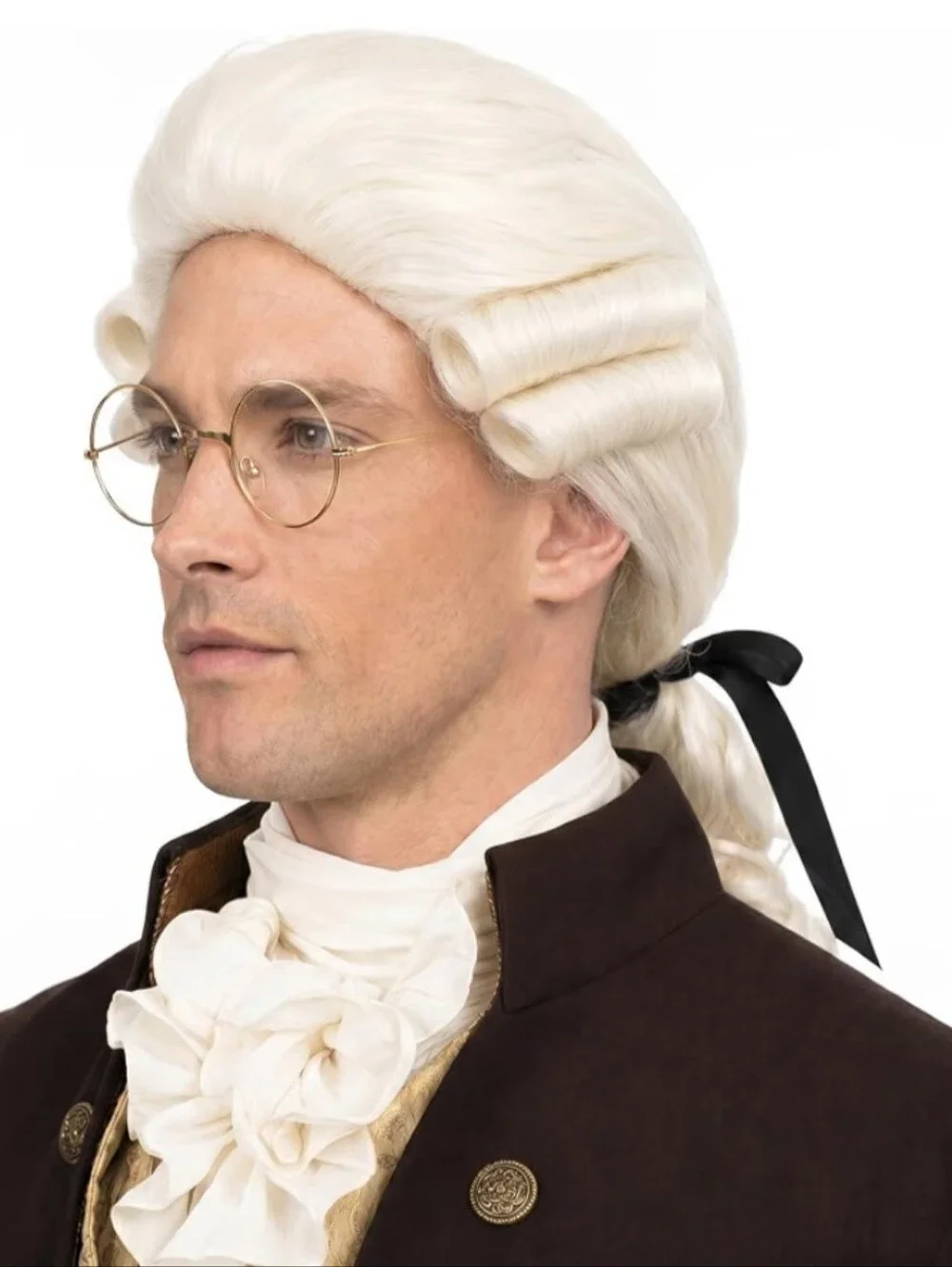 Men's Colonial Historic Hamilton White Wig with Black Ribbon And Glasses